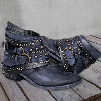 Kvinnor ankle boots med låga klackar och skor vintage PU läder gladiator tossor nitar spänne deco kvinna mujer zapatos botas mujer 2020