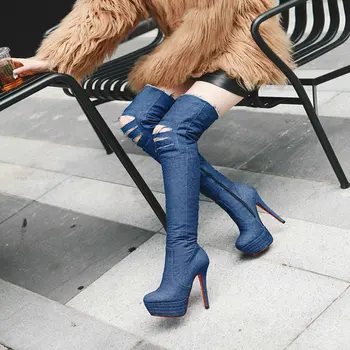 Kvinnor blå denim stövlar över den knähöga stövlar knä 13,5 cm tunna höga klackar kvinnor skor tofs jeans stövlar i storlek 43