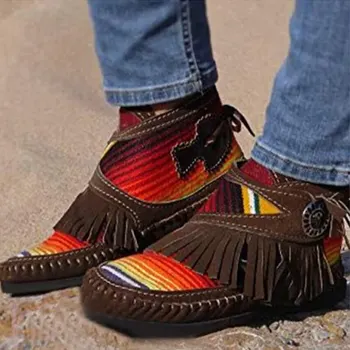 Kvinnor Boots Tofs Kort Skor Storlek Lace-Upp Etniska Stil Platt Högklackat Stövlar Varma Damer Skor Botas Mujer 2020