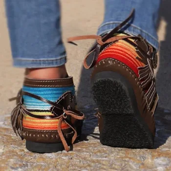 Kvinnor Boots Tofs Kort Skor Storlek Lace-Upp Etniska Stil Platt Högklackat Stövlar Varma Damer Skor Botas Mujer 2020
