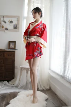 Kvinnor Kimono Underkläder Japansk Kimono Uniform Black Red Cherry Blossom Kimono Stora Bowknot Nattlinne Underkläder Sovrum