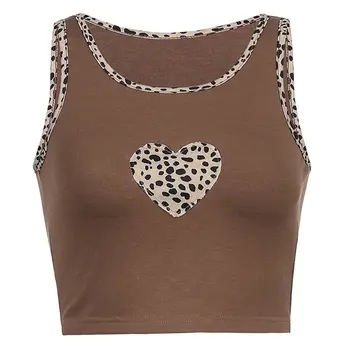 Kvinnor Leopard linne Casual Brun Y2K Crop Top Damer Toppar, Blusar Urban Fashion Vest