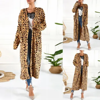 Kvinnor leopard stickad lång kofta långärmad tröja överrock för kvinnliga 2018 hösten nya outwear rockar kvinnor hösten