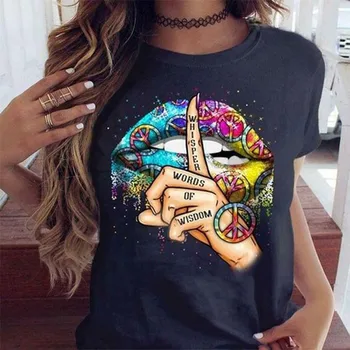 Kvinnor Läppar Akvarell Grafiska T Shirt Tjej Bas O-neck Sexig Svart Utslagsplatser Puss Lip Rolig Viska Ord Flickor Tshirt,Drop Ship