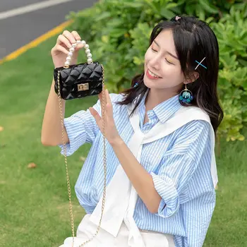 Kvinnor Mini-Handväska Nya Eleganta Axel Messenger Portable Kedja Bag Girl PVC Jelly Påsen Pearl Crossbody Rhombus Liten Fyrkantig Väska