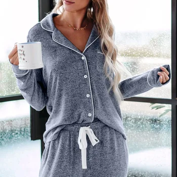 Kvinnor Pyjamas Set Passar Casual Sleepwear Nattkläder Lång Ärm med Knapp Upp Shirt och Dragsko Byxor 2 Stycken Loungewear Hemmakläder