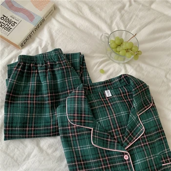 Kvinnor pyjamas set pläd sleepwear gröna hem cardigans byxor 2st höst vinter lounge wear slipning hemmakläder kläder Y259