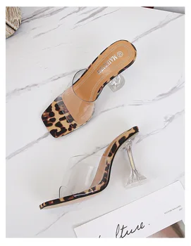 Kvinnor sandaler leopard print höga klackar fyrkantig tå slip transparent tofflor