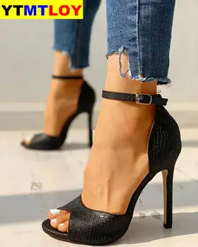 Kvinnor Sandaler T-Strap Höga Klackar Chaussures Femme Sexig Strippa Skor Nya HOT Peep Toe Sommaren Kvinnliga Gul Svart Röd Vit