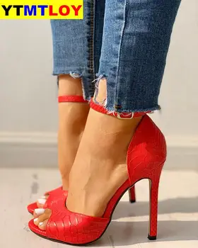 Kvinnor Sandaler T-Strap Höga Klackar Chaussures Femme Sexig Strippa Skor Nya HOT Peep Toe Sommaren Kvinnliga Gul Svart Röd Vit