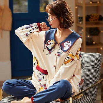 Kvinnor Sleepwear Tecknat Pyjamas Plus Storlek 3XL Våren Hösten Pyjamas i Bomull Version Nattlinne med Lång Ärm Kavajslag Lös TUNNA Nighty