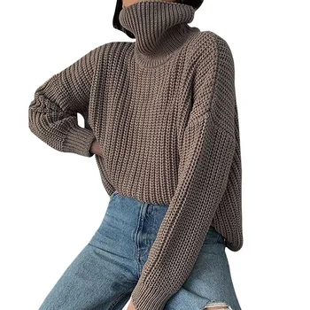 Kvinnor Stickade Polotröja lång tröja kvinnors Robust Cashmere tröja till hösten Vintern koreanska sticka upp