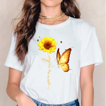 Kvinnor T-shirts Dam Fjäril Solros Trend Grafiska T 90-talet Stil Sommar Höst Ut Lady Top Shirt Kvinnliga Tee T-Shirt