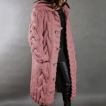 Kvinnor Tröjor Vintern 2020 Mode Lång Avslappnad Lös Tröja Kvinnliga Hösten Koftor Enda Breasted Puff Hooded Coat Plus