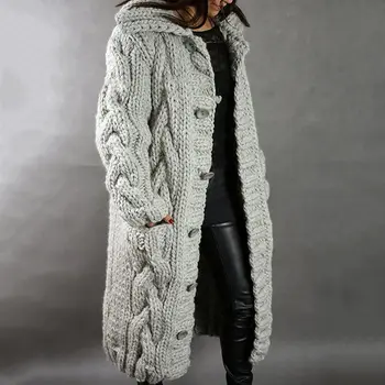 Kvinnor Tröjor Vintern 2020 Mode Lång Avslappnad Lös Tröja Kvinnliga Hösten Koftor Enda Breasted Puff Hooded Coat Plus