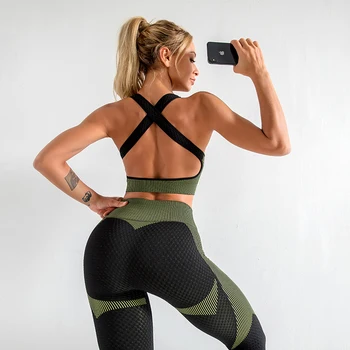 Kvinnor Yoga Set Kör Sömlös Gym Kläder Fitness Leggings + Crop Top Sportkläder Hög Midja Fitness Legging Träna Yoga Passar
