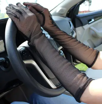 Kvinnors våren sommaren solskydd svart mesh långa handskar kvinnliga Uv-skydd som andas sexig perspektiv lace körning handske R1138