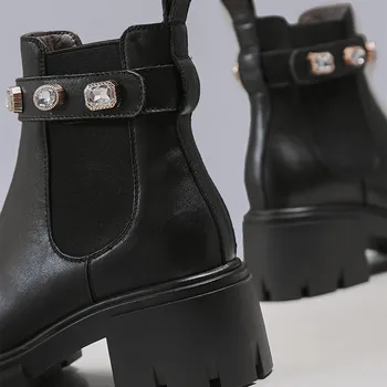 Kvinnors äkta läder chunky heel platform boots crytal mode kvinnliga hösten kort bootiese hög kvalitet skor komfort