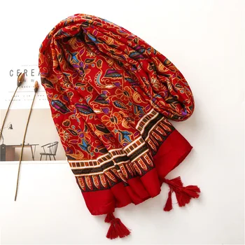 KYQIAO Vintage vinter halsduk för kvinnor hösten våren Indisk stil etniska lång red ut hijab halsduk Muslimska Snood