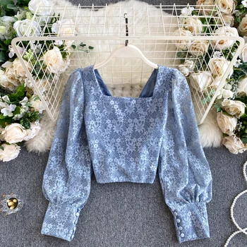 Lady Nya Fashion Lace Shirt för Kvinnor 2020 Hösten Square Krage Slim Kort Blus Eleganta koreanska Kläder Toppar Q068