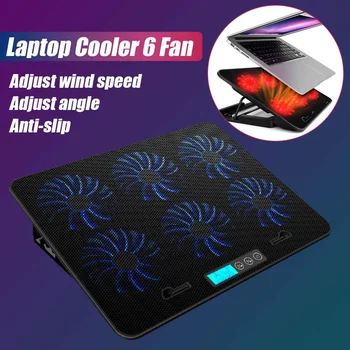 Laptop Cooling Pad 6 Fläktar och Dubbla USB-Portar Laptop Cooler med Ljus LCD-Display Notebook-ställ för 12-16 tum