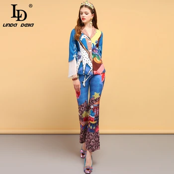 LD LINDA DELLA Mode Designer Våren Vintage Kostymer för Kvinnor ' s Bow Tie Djur Ut i t-Shirt och Blommiga Byxor 2 Stycken Set