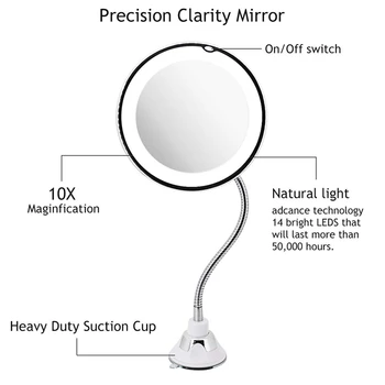 Led-10X nifying Belyst Makeup-Spegel Badrum Fåfänga Rund Spegel med 360 Graders Vridbar Rotation, Flexibel