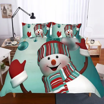 Leende Snögubbe Sängkläder i Microfiber Hud-vänliga Påslakan Örngott Jul Gröna Säng Täcka Dubbelsäng King Hem påslakan