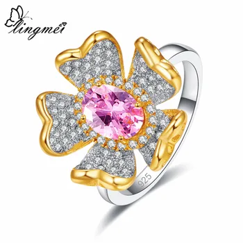 Lingmei Grossist Blomma Mode För Kvinnor Smycken Oval Rosa & Guld Vit Zirkon Silver Färg Ring Storlek 6-9 Bröllop Förlovningsring