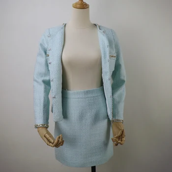 Ljusblå tweed jacka + kjol passar hand-pärlstav 2020 våren /hösten /vintern kvinnors Jackor päls nya damer 2-delad kjol färg