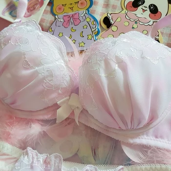 Loita Rosa Lila Driva Upp Bygel Underkläder Set Japanska Broderier Teen Girl Prinsessa Sexiga Kvinnor Kawaii Båge Bh & Trosor Set
