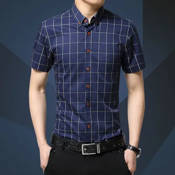 LUX ANGNER Nya Mode för Män Rutig Skjorta Kort Ärm Bomull Skjortor för Män Casual Slim Fit Sociala Shirt Manliga Märke Kläder