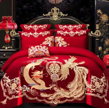 Luxury Gold Phoenix Loong Broderier Sängkläder i Kinesisk Stil Bröllop Ren Bomull Röd Påslakan lakan, Lakan Örngott