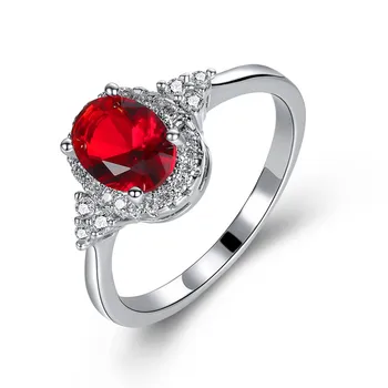 Lyx Kvinnliga Kristall Röda Sten Ring Klassiska Silver Ringar Till Kvinnor Lovar Brud Oval Zirkon Förlovningsring