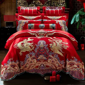 Lyx Röd Bröllop Stil Gold Dragon Phoenix-Brodyr i Bomull Sängkläder Set Påslakan Sängkläder, lakan Örngott