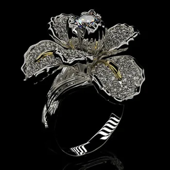 Lyx Stor Blomma Form Micro Pave Zirkon Ring Blå Kristall Fest Förlovningsring Eleganta Silver Ringar Till Kvinnor