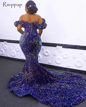 Långa Glittrande Kvinnor Aftonklänningar Sexig Sjöjungfru Av Axeln Älskling Royal Blue Sequined Afrikanska Formell Aftonklänning 2020