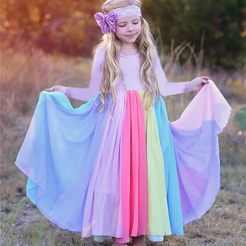 Långärmad Baby Barn Mesh Klänningar för Flickor Rainbow Ut Prinsessa Klä 2020 Nya Barn Höst och Vinter Kläder