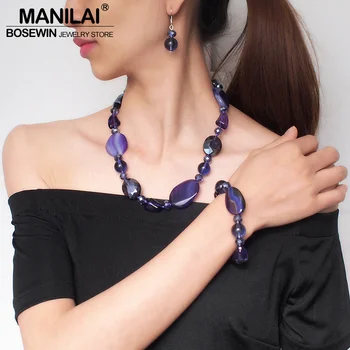 MANILAI Trendiga Smycken Uppsättningar Crystal Uttalande Halsband Armband Örhängen för Kvinnor Örhängen Uttalande Halsband Bröllop Set