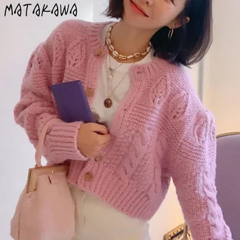 MATAKAWA Rosa Puff Ärm Twist Utanför Kort Stickad Kofta Hösten Nya koreanska Retro Lång Ärm Kvinnor Sweater Coat
