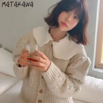 MATAKAWA Rosa Puff Ärm Twist Utanför Kort Stickad Kofta Hösten Nya koreanska Retro Lång Ärm Kvinnor Sweater Coat