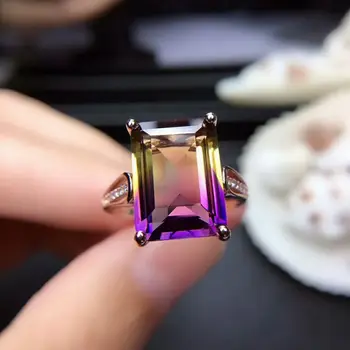 [MeiBaPJ Naturliga Rektangel Ametrine Ädelsten Mode Ring för Kvinnor Äkta 925 Sterling Silver Fina Charm Parti Smycken