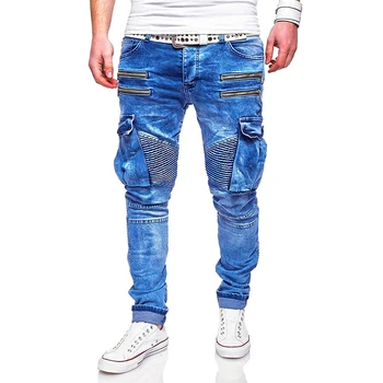 Mens Jeans Nya Stil Casual Dragkedja och Flera Pocket Denim Byxor för Män