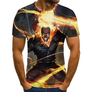 Mens Skull T-shirts Mode Sommaren Kort Ärm Ghost Rider Cool T-shirt 3D Skull Ut Toppar Rock Fire Dödskalle Tshirt Män