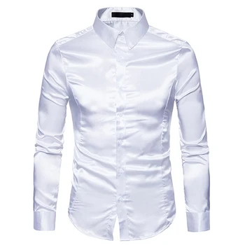 Mens Vitt Siden Skjorta 2020 Mode Silk Satin Män Sociala Skjorta Avslappnad Smal Passform Långärmad Klänning Skjortor Manliga Camisa Masculina