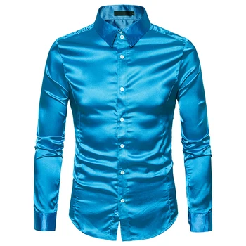 Mens Vitt Siden Skjorta 2020 Mode Silk Satin Män Sociala Skjorta Avslappnad Smal Passform Långärmad Klänning Skjortor Manliga Camisa Masculina