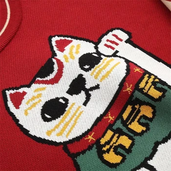 MERRY VACKRA Kvinnor Tecknat Lucky Cat Broderier Röda Tröjor Kawaii Harajuku Stickad Tröja Vintern Lång Ärm O-Ringad Tröja