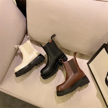 MILI-MIYA Mode för Kvinnor Ko Läder Boots Solid Färg Slip-On Rund Tå Square Högklackat Vattentät Storlek 34-40 ridstövlar