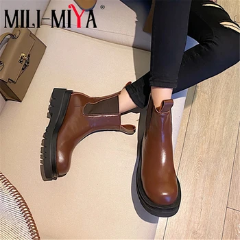 MILI-MIYA Mode för Kvinnor Ko Läder Boots Solid Färg Slip-On Rund Tå Square Högklackat Vattentät Storlek 34-40 ridstövlar