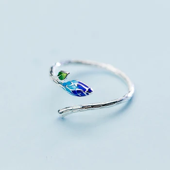 MloveAcc Vintage Blue Leaf Justerbar Öppning Ring i Äkta 925 Sterling Silver Smycken Mode för Kvinnor Party Etniska Konstnärliga Gåva